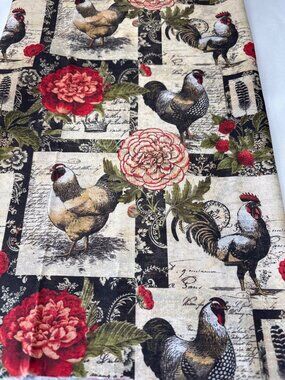 Vintage-Inspired Rooster Floral Cotton Fabric 15x38" Rustic French Farmhouse Pri